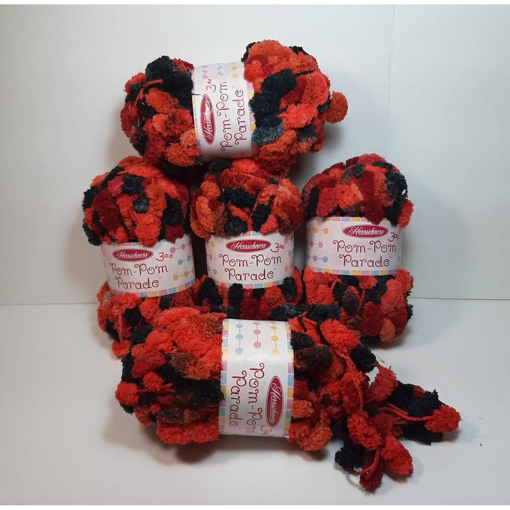 Lot Of 5 Herrschners Pom-Pom Parade Yarn Black/Orange/Red Color 1.75 oz each
